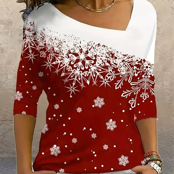 UP TO 50% Off Snowflake Slant V Neck Top, Dressy Print Blouses Casual Tee Top - Picture 1 of 4